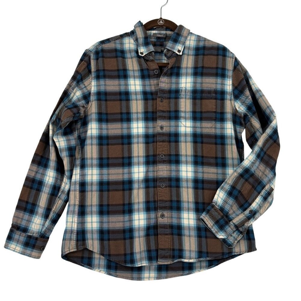 Eddie Bauer Flannel Shirt Mens‎ M Brown Blue Plaid Classic Fit Button Up Cotton